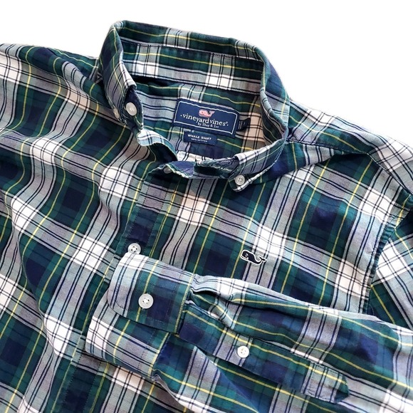 Vineyard Vines Men's Size‎ Large Long Sleeve Green Blue Plaid Whale Shirt - Picture 9 of 9
